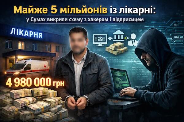 Майже 5 мільйонів із лікарні: у Сумах викрили схему з хакером і підприємцем