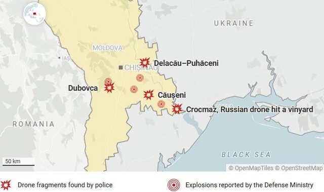 У Молдові, яка межує з Одеською областю, зафіксували вибухи та уламки дронів
