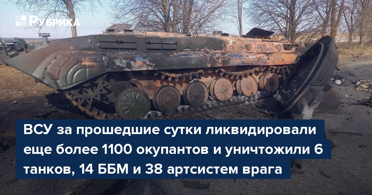 ВСУ за прошедшие сутки ликвидировали еще более 1100 окупантов и уничтожили 6 танков, 14 ББМ и 38 артсистем врага