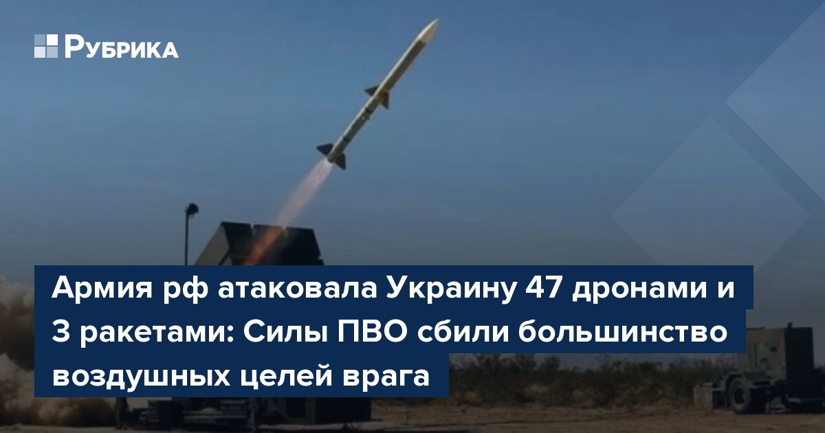 Армия рф атаковала Украину 47 дронами и 3 ракетами: Силы ПВО сбили большинство воздушных целей врага
