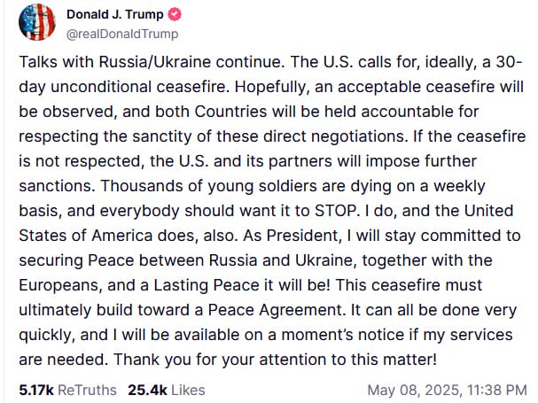 Трамп після розмови з Зеленським закликав до 30-денного перемир'я і згадав про санкції