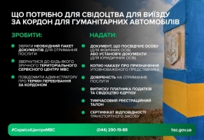 Видача свідоцтва про реєстрацію транспортного засобу для виїзду за кордон гуманітарним автомобілям