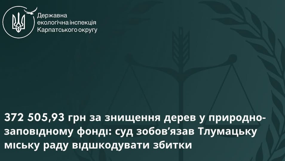 З Тлумацької міськради за рішенням суду стягнуть 372 505,93 грн за шкоду довкіллю на територї природно-заповідного фонду