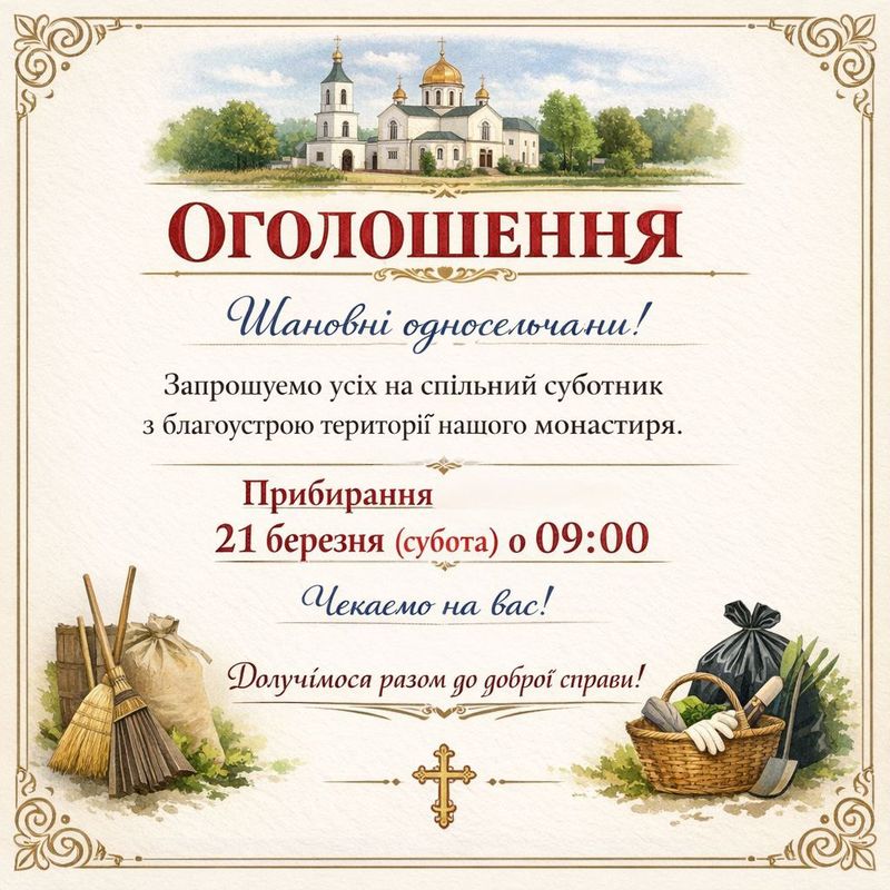 Запрошуємо усіх на спільний суботник у наш монастир