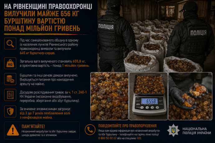 На Рівненщині правоохоронці вилучили майже 656 кг бурштину вартістю понад мільйон гривень