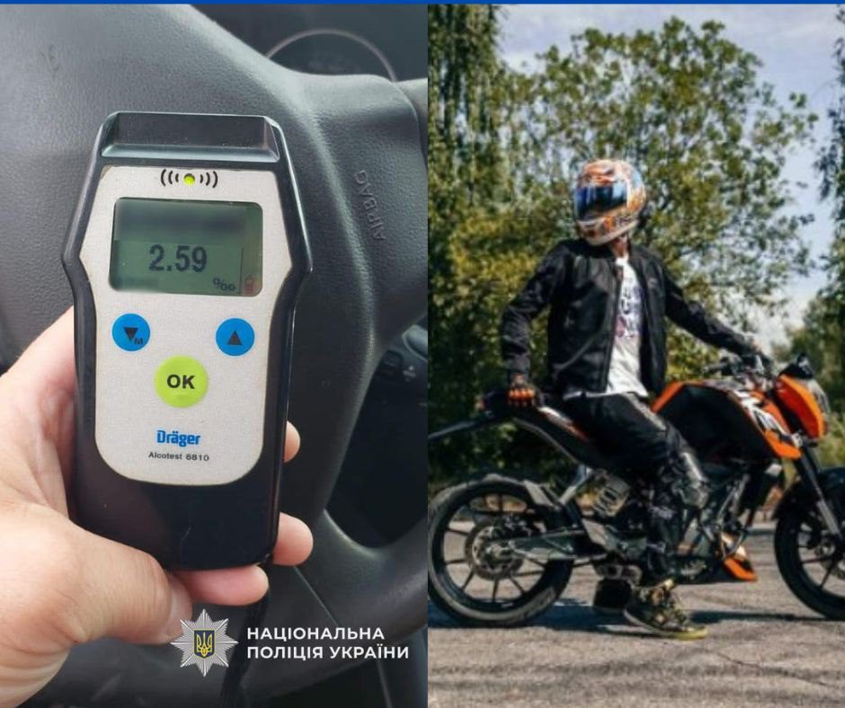 Поліцейські зупинили нетверезого мотоцикліста: рівень алкоголю в крові перевищував норму у 13 разів