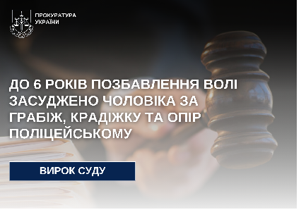 На Сумщині засуджено злочинця, який скоїв грабіж, крадіжку та чинив опір поліцейському, - прокуратура