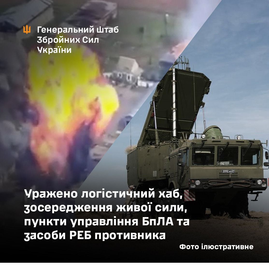 Уражено логістичний хаб, пункти управління БпЛА та засоби РЕБ ворога, - Генштаб ЗСУ