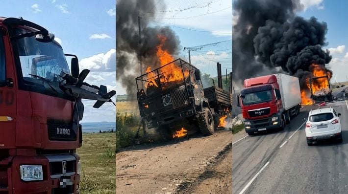 «Логистический нокдаун»: на трассе под Мелитополем десятки сгоревших фур, а дрон прилетел прямо в кабину оккупанта (видео)