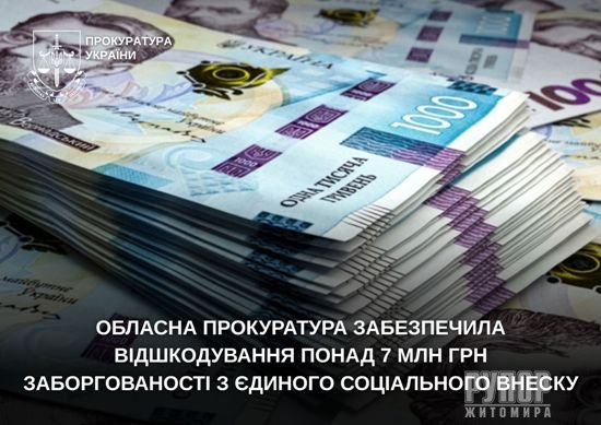 Житомирська обласна прокуратура забезпечила відшкодування понад 7 млн грн заборгованості з єдиного соціального внеску