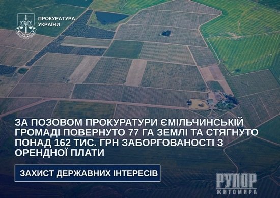 За позовом прокуратури Ємільчинській громаді повернуто 77 га землі та стягнуто понад 162 тис. грн заборгованості з орендної плати