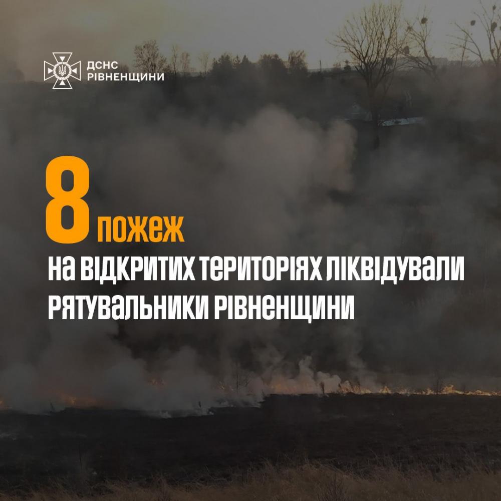 Впродовж минулої доби рятувальники Рівненщини ліквідували 8 пожеж на відкритих територіях