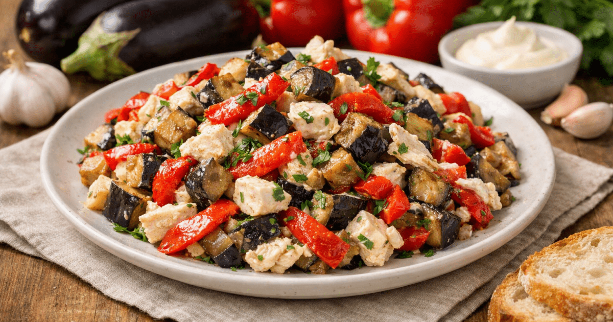 Готовится из простых продуктов, а вкус – ресторанный: салат с курицей, баклажанами и жареным перцем (видео)